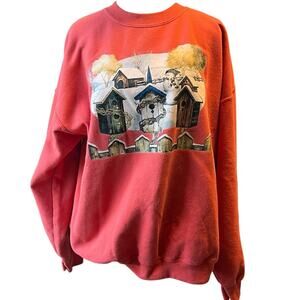 Vintage Snowman Birdhouse Winter Scene Crewneck Sweatshirt Size XL